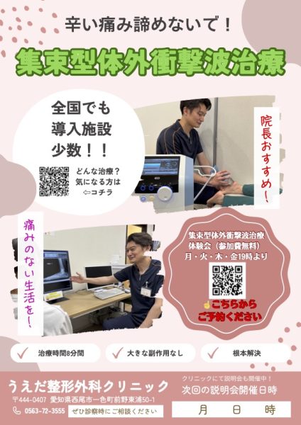 【もう諦めないで】その長引く肩・肘・膝・足の裏の痛み… 西尾市の整形外科で「衝撃波治療」を試す価値がある理由と理解を深める体験会のご案内